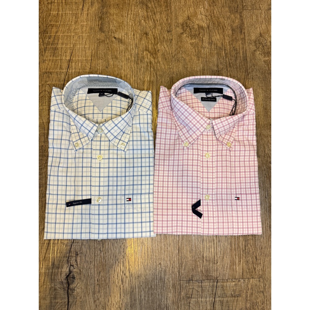 NWT! Bundle 2 Tommy Hilfiger Mens Regular Fit Shirts M Blue Pink Plaid Cotton